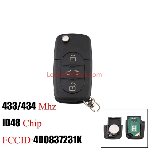 LockSmithbro 3Buttons 433Mhz Remote Car key For AUDI 4D0837231K 4D0837231A Flip Fold ID48 Chip for A3 A4 A6 A8 Old Models