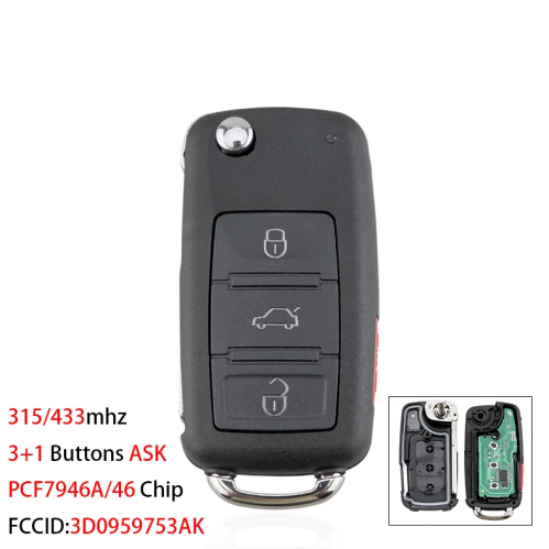 3D0959753AK 3+1 Buttons Car Remote Key for VW for VW Phaeton Touareg 2002-2010 Car Key ASK PCF7946A/ID46 Chip