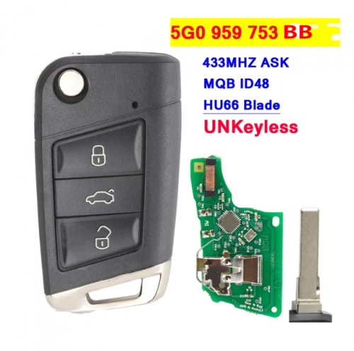 MQB 3Button Unkeylss Flip Key 433Mhz ID48 Chip For VW