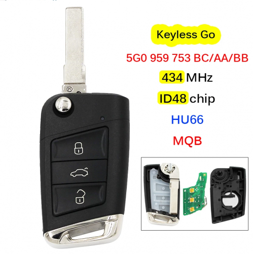 3 Button Keyless-Go MQB System Smart Remote Key 434Mhz ID48 Chip for VW Golf 7 Tiguan 2014-2018 FCC:5G0 959 753 BC AA BB