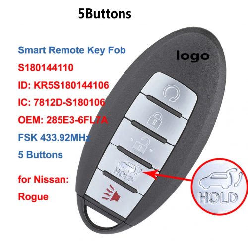 5Buttons Smart Remote Car Key 433.92Mhz For Nissa.n Rogue 2017-2019 With PCF7953M HITAG AES 4A Chip KR5S180144106 S180144110