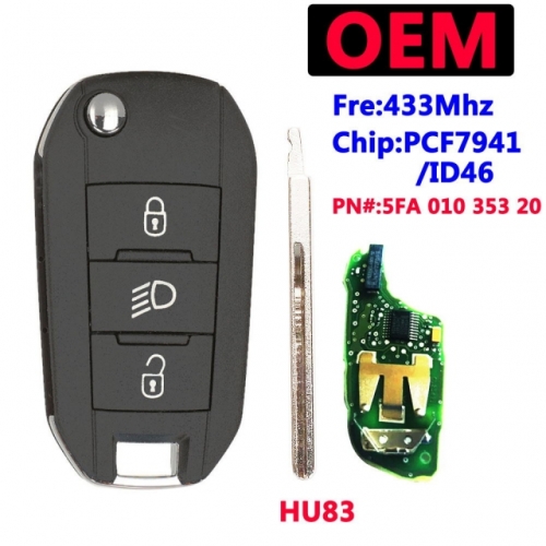 434Mhz ID46-7941 OEM Remote Flip key for P-eugeot 208 308 508 2008 2012+ Hella Folding 3 Light Button Car Key Control