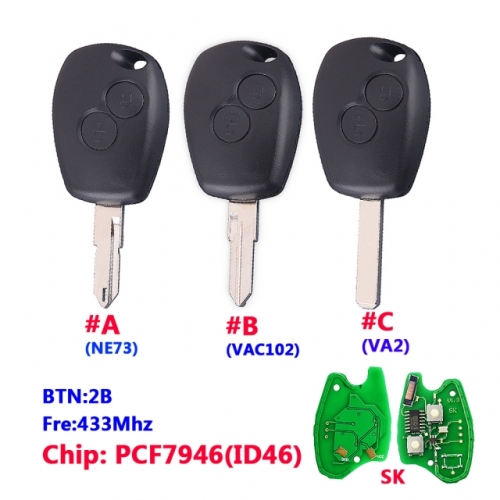 2 Button Remote Car Key for R-enault 433mhz With PCF7946 Round Button