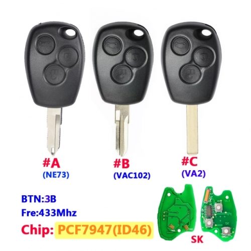 3 Button Remote Car Key 433mhz With PCF7947 Round Button
