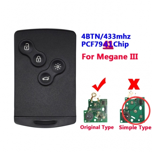 4 Button Remote Smart Card With PCF7941 Chip For Koleo Megane III NON -Handsfree